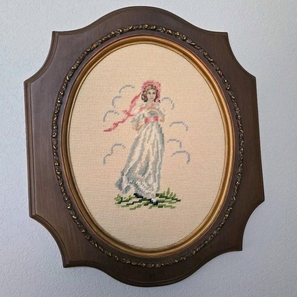 Vintage Needlepoint Wall Art Woman in Pink Bonnet Oval Gold Frame Wood Plaque